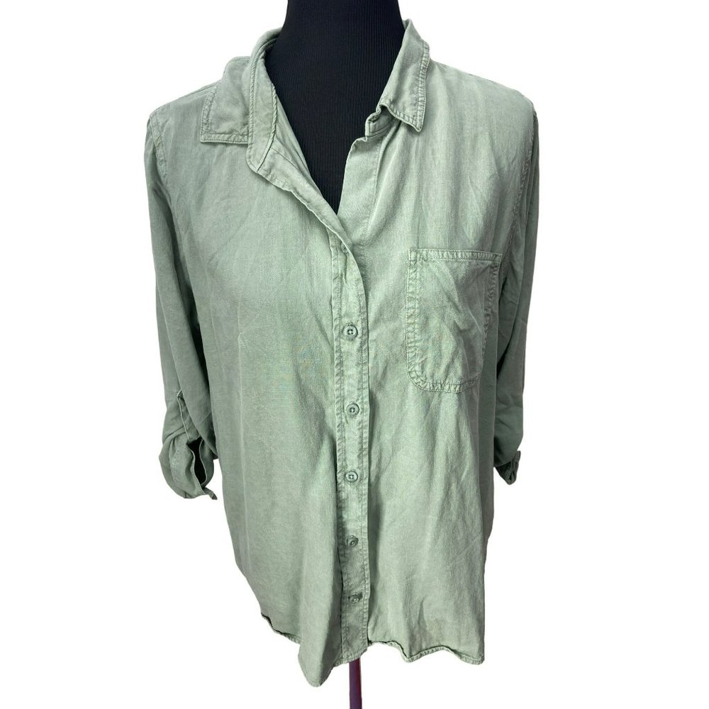 Side Stitch Olive Green Size Petite Medium Button Up Adjustable Sleeve Blouse
